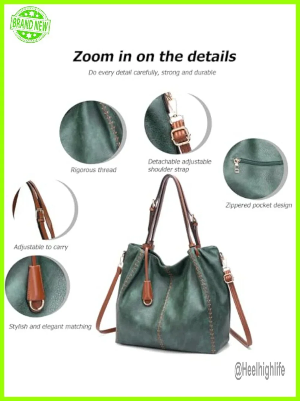 Vintage PU Leather Hobo Shoulder Bag, Bucket Tote with Rivet Detail